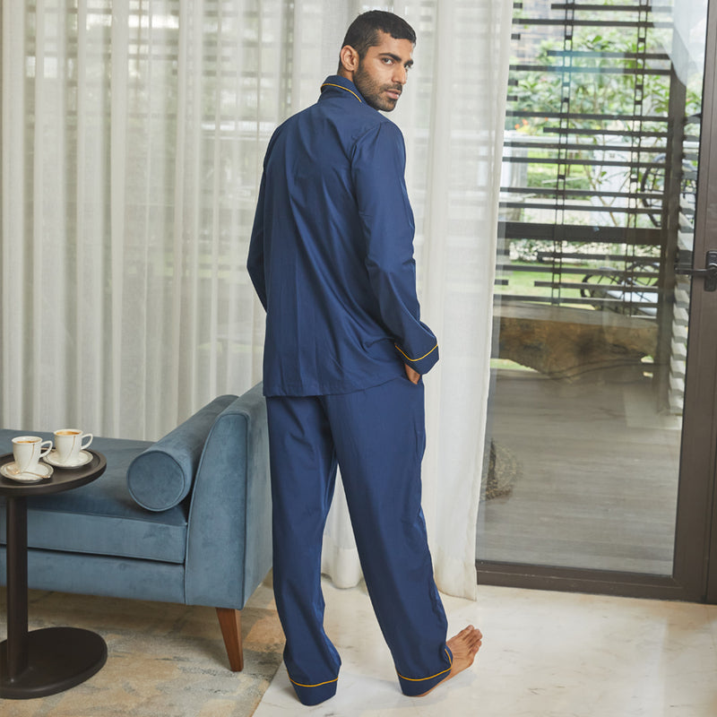 Berry Blue Letterology Cotton Notched Pyjama Set for Men's