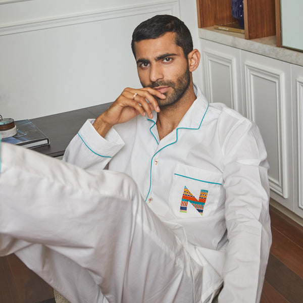 Frost White Letterology Cotton Notched Pyjama Set For Men's