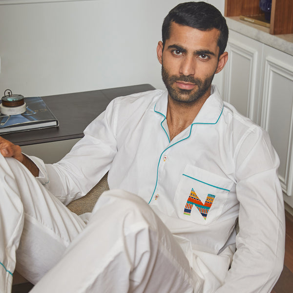 Frost White Letterology Cotton Notched Pyjama Set For Men's