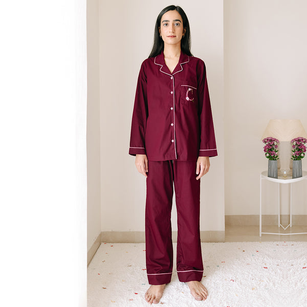 Burgundy Calligraph Embroidered Women Cotton Notched Pyjama Set
