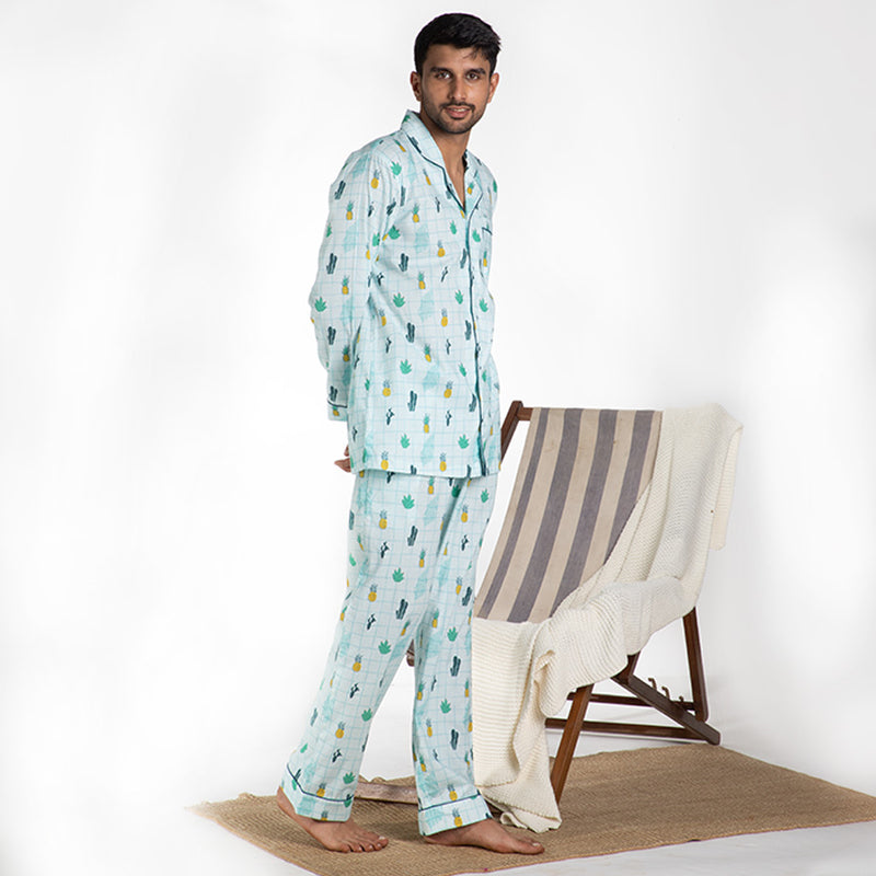 Tropical Treat Cotton Notched Pyjama Set For Men's