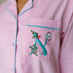 Rose Calligraph Embroidered Women Cotton Notched Pyjama Set