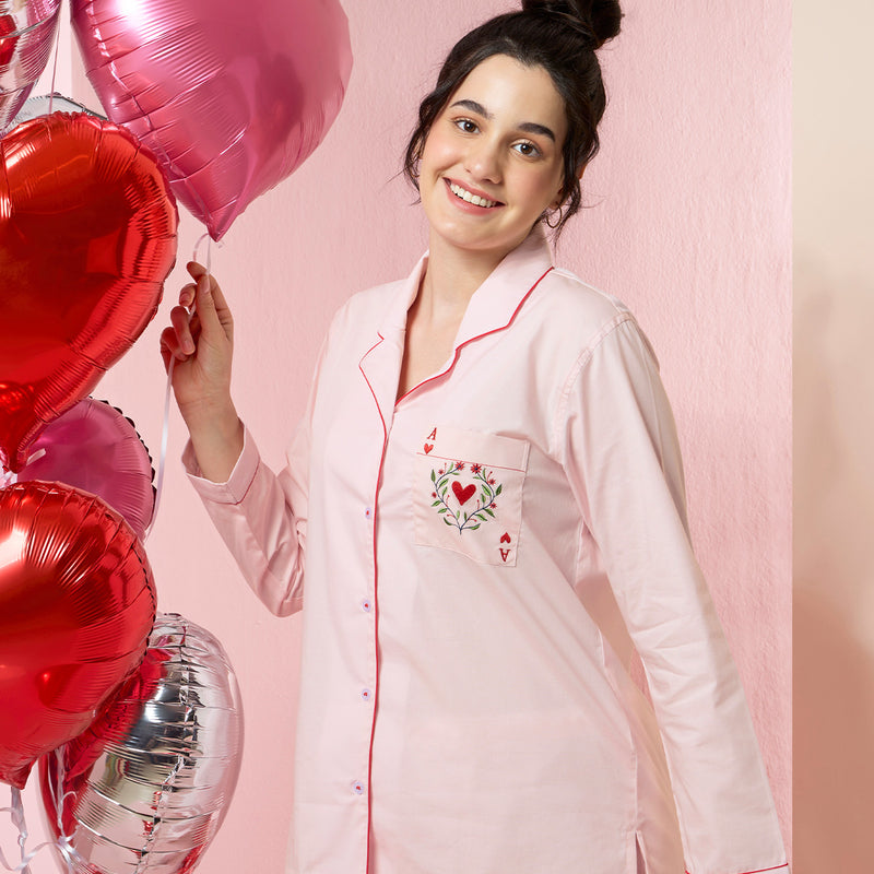 In The Pink Embroidered Notched Collar Pyjama Set