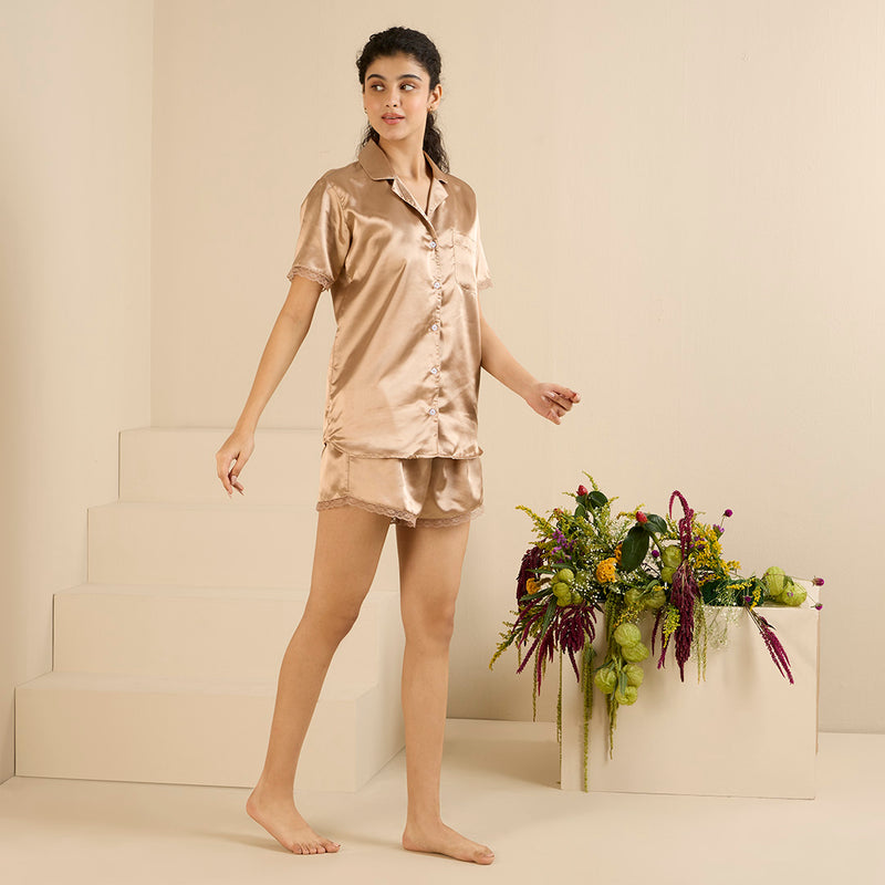 Gazelle Lace Trim Notched Collar Shorts Set