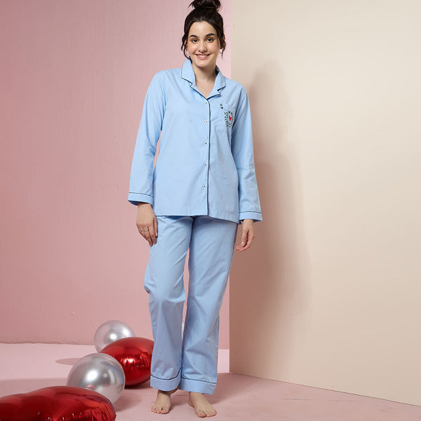 Love Charm Embroidered Notched Collar Pyjama Set