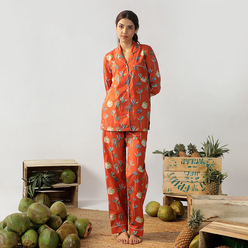 Bird Of Paradise Cotton Notched Collar Pyjama Set