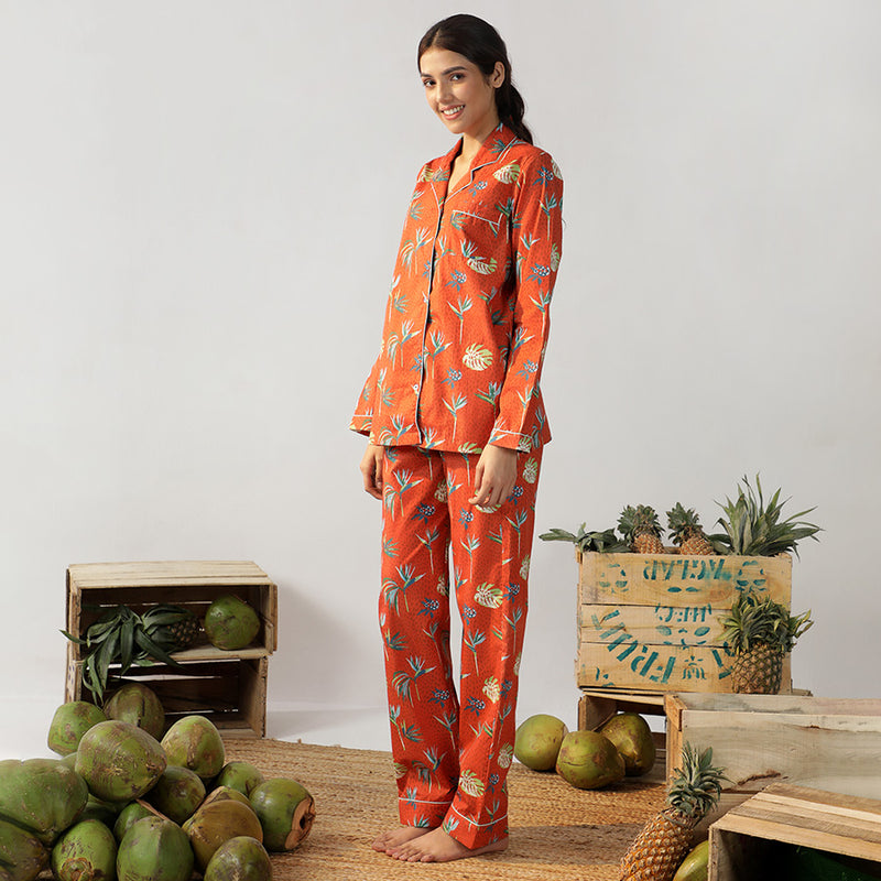 Bird Of Paradise Cotton Notched Collar Pyjama Set