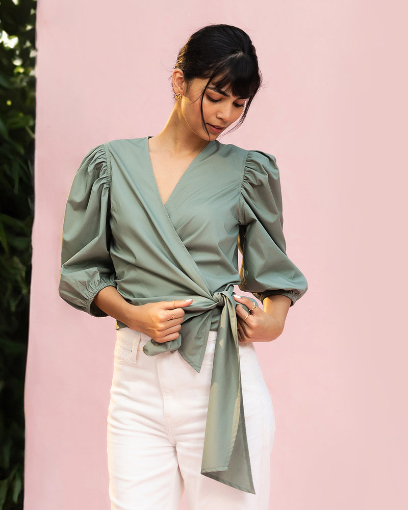 Bella - Balloon Sleeve Tie Top