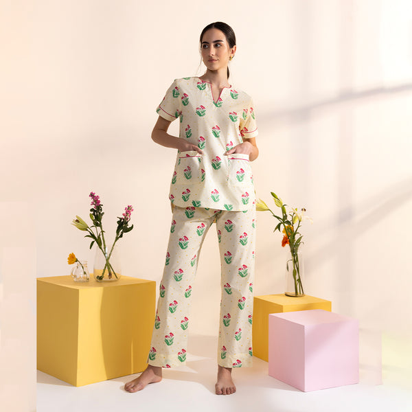 Bougainvillea Cotton Dip-Neck Pyjama Set