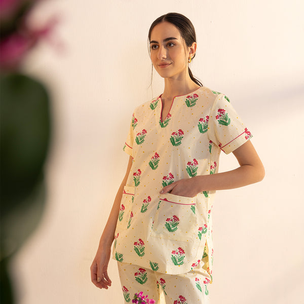 Bougainvillea Cotton Dip-Neck Pyjama Set