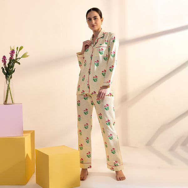 Bougainvillea Cotton Notched Collar Pyjama Set