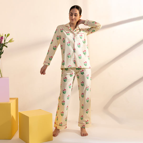 Bougainvillea Cotton Notched Collar Pyjama Set