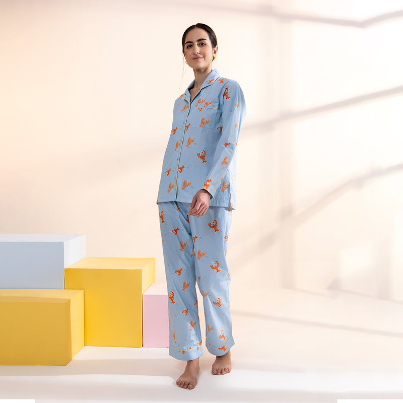 Lobster Cotton Notched Collar Pyjama Set