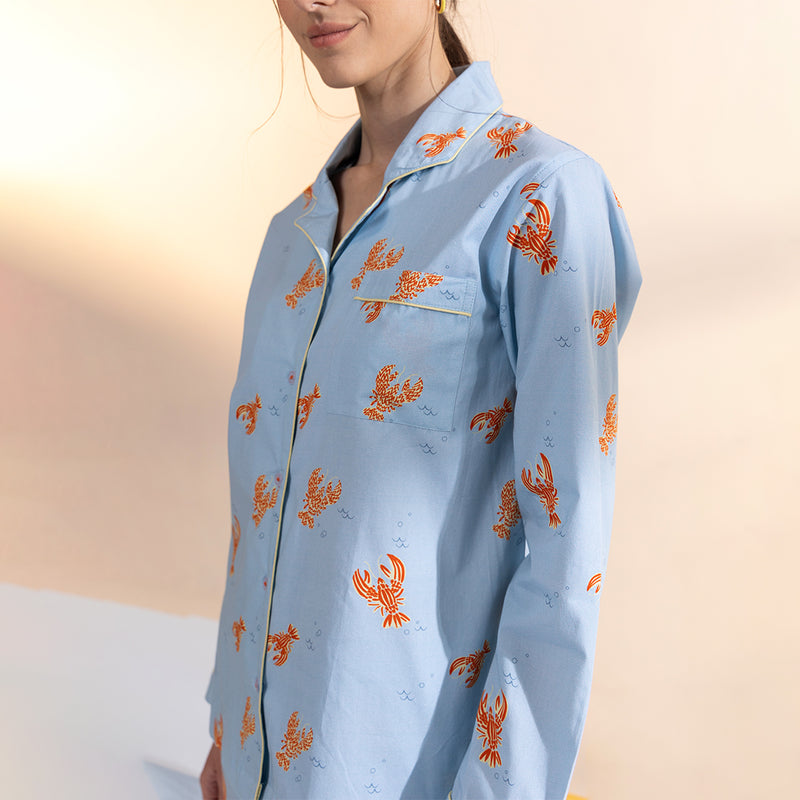 Lobster Cotton Notched Collar Pyjama Set