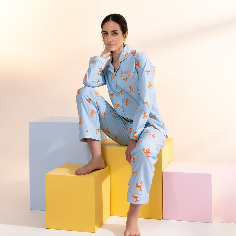 Lobster Cotton Notched Collar Pyjama Set