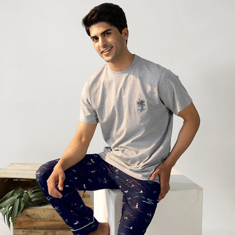 Navy Tropica Embroidered T-shirt & Cotton Pyjama - Men
