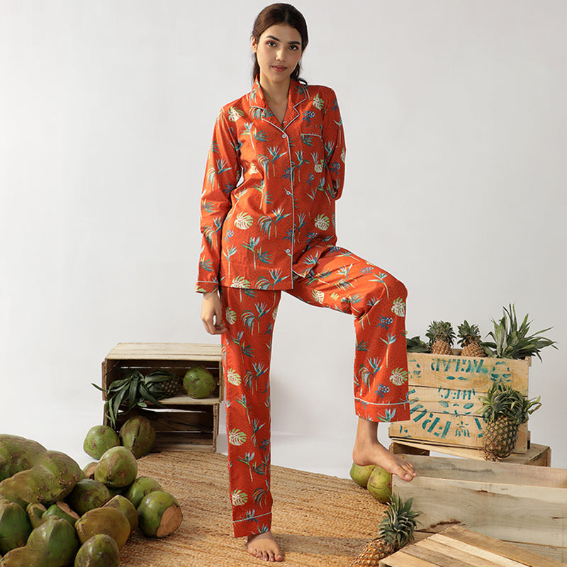 Bird Of Paradise Cotton Notched Collar Pyjama Set