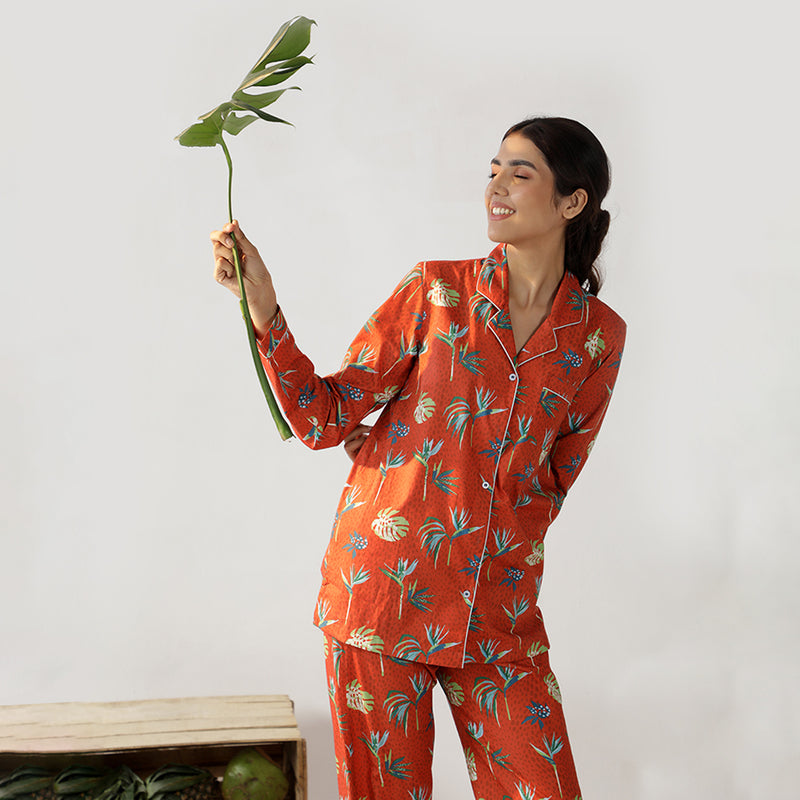 Bird Of Paradise Cotton Notched Collar Pyjama Set