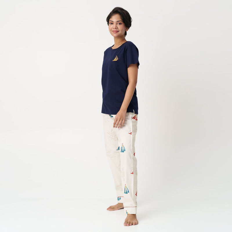 Nautical Drift Embroidered T-shirt & Cotton Pyjama Women's