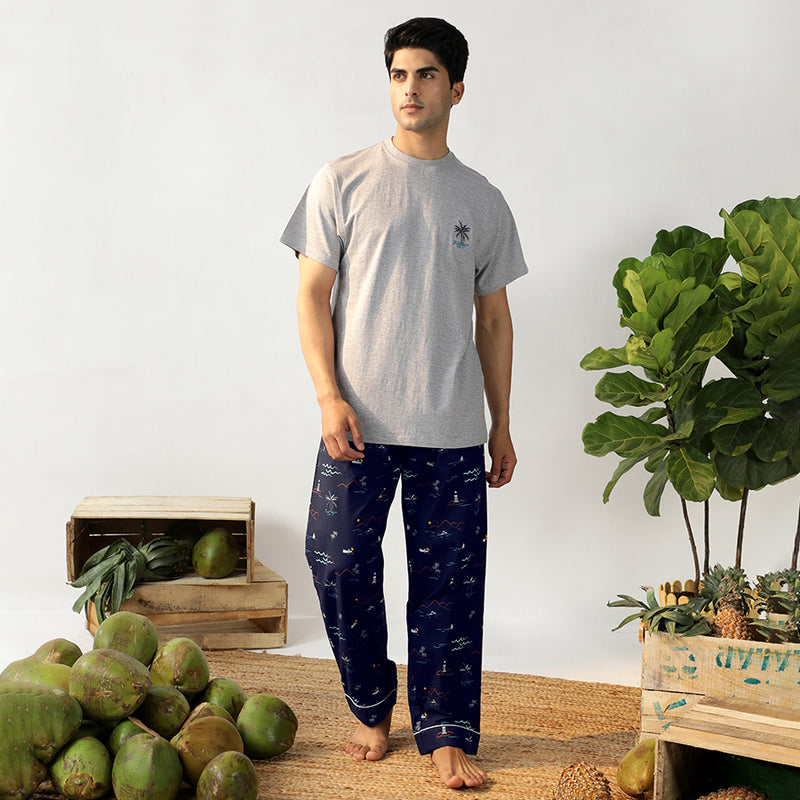 Navy Tropica Embroidered T-shirt & Cotton Pyjama - Men