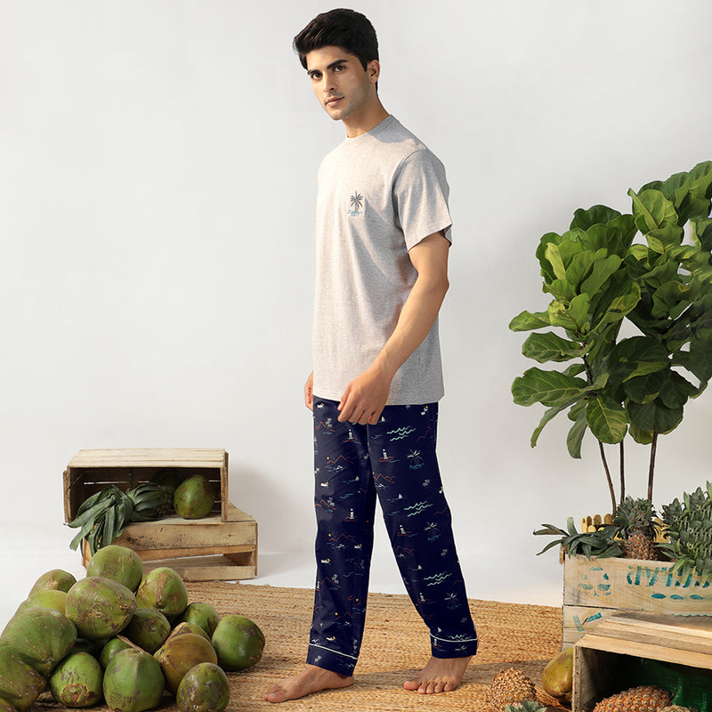 Navy Tropica Embroidered T-shirt & Cotton Pyjama - Men