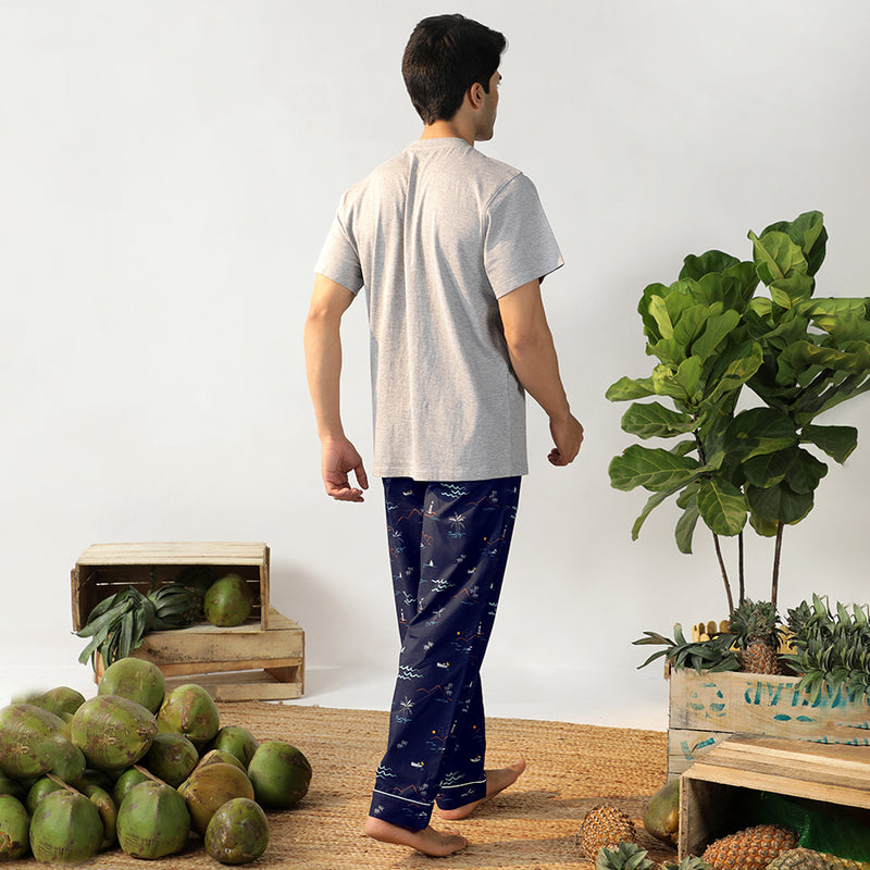 Navy Tropica Embroidered T-shirt & Cotton Pyjama - Men