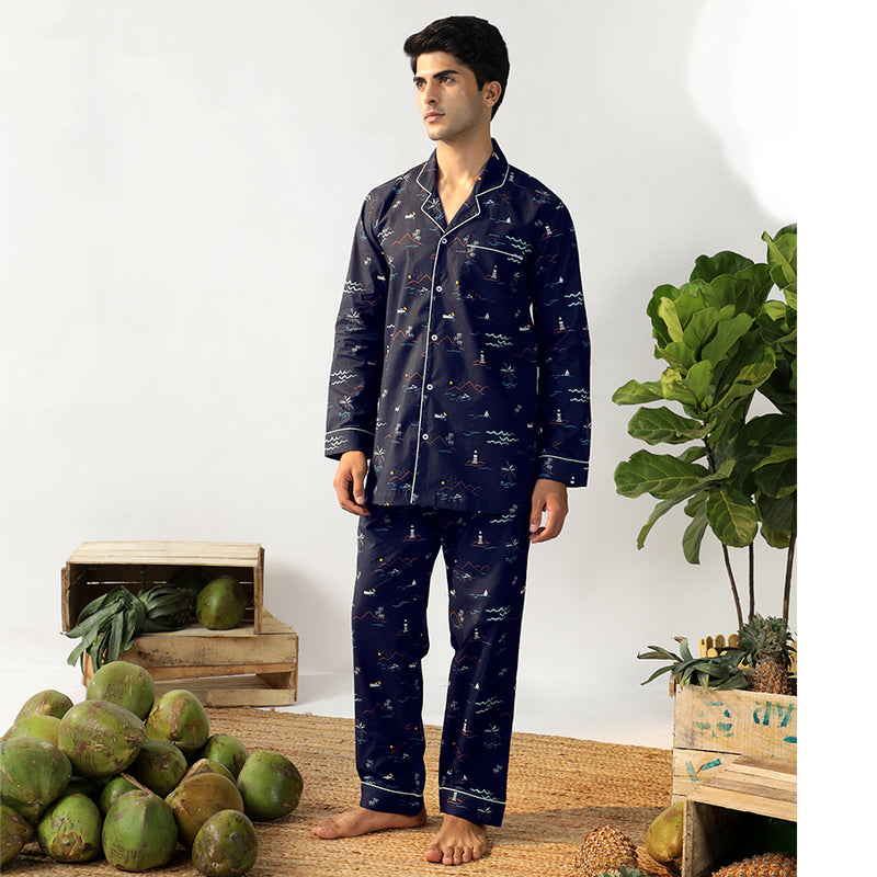 Navy Tropica Cotton Notched Pyjama Set