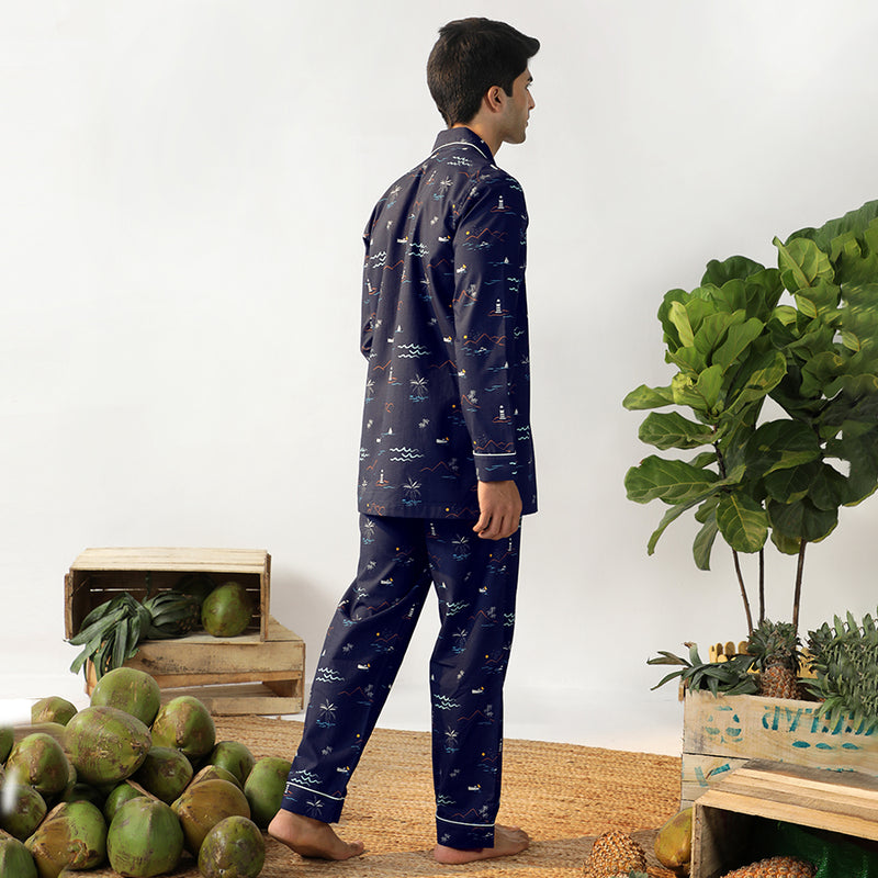 Navy Tropica Cotton Notched Pyjama Set