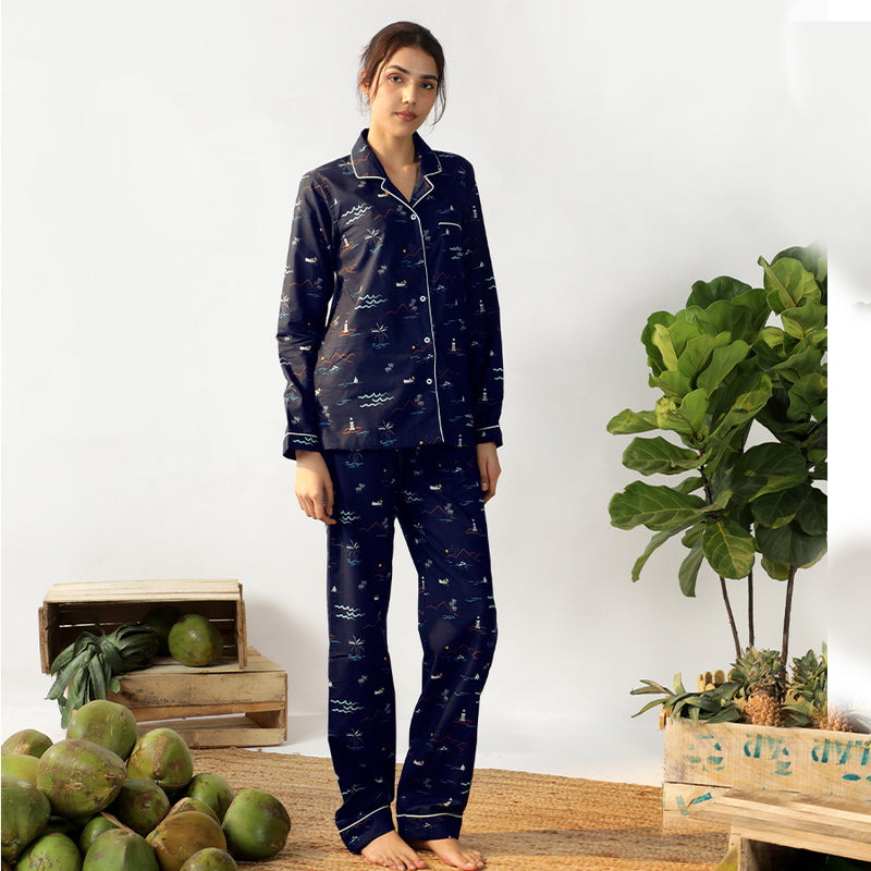 Navy Tropica Cotton Notched Collar Pyjama Set