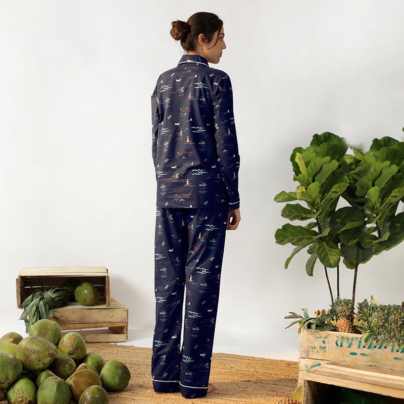 Navy Tropica Cotton Notched Collar Pyjama Set