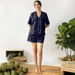 Navy Tropica Cotton High Low Shorts Set