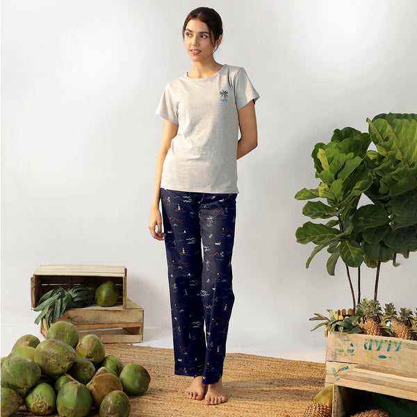 Navy Tropica Emboidered T-shirt & Cotton Pyjama for Women's