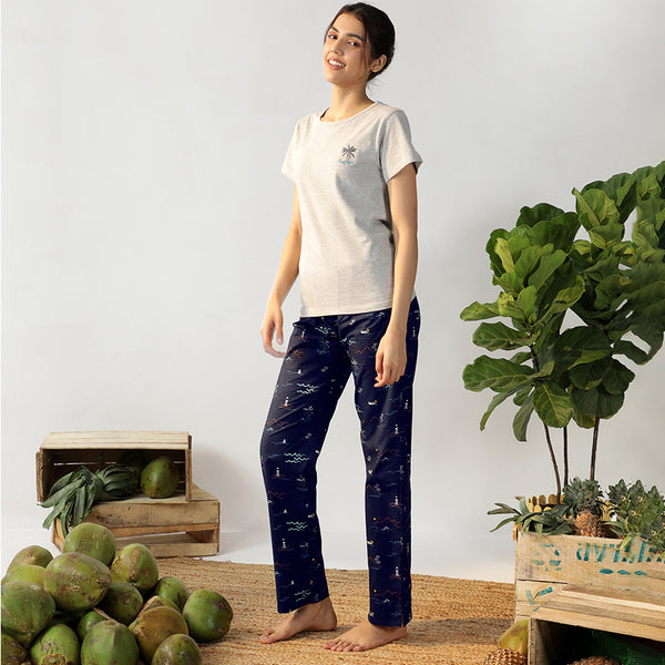 Navy Tropica Emboidered T-shirt & Cotton Pyjama for Women's