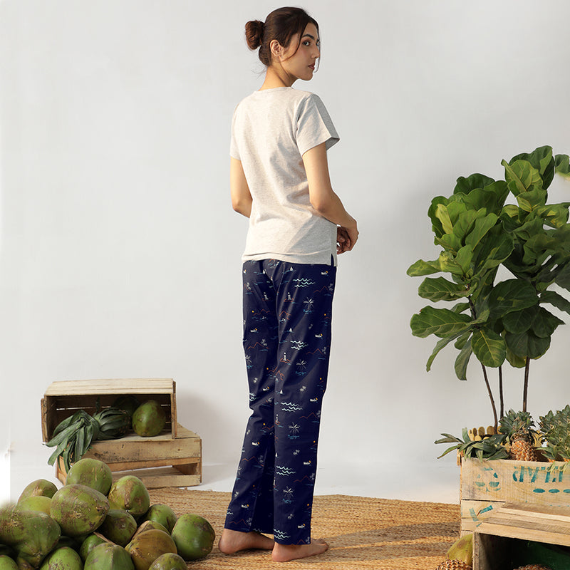 Navy Tropica Emboidered T-shirt & Cotton Pyjama for Women's