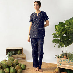 Navy Tropica Cotton Dip-Neck Pyjama Set
