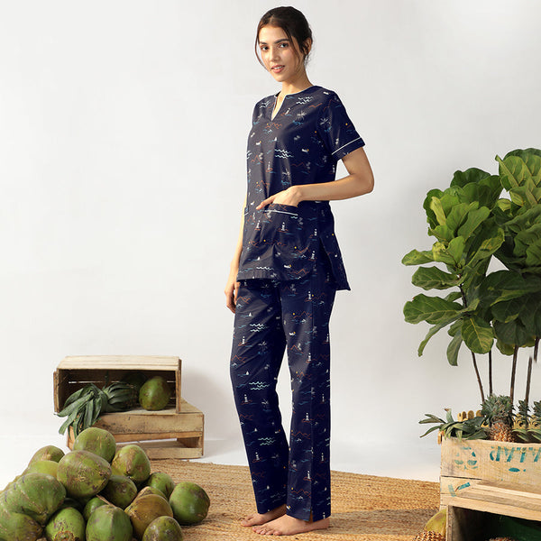 Navy Tropica Cotton Dip-Neck Pyjama Set