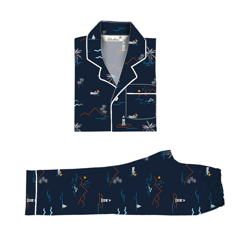 Navy Tropica Cotton Notched Pyjama Set