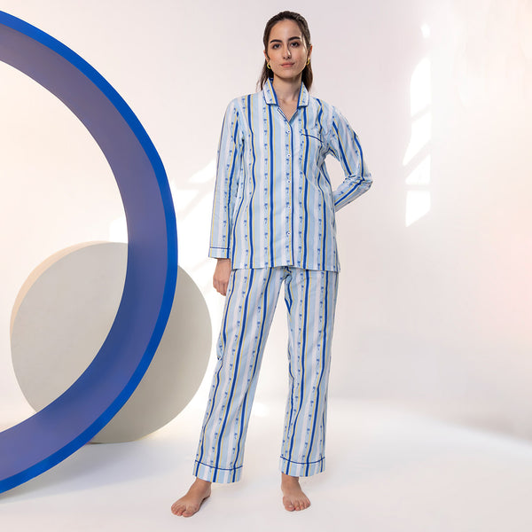 Midnight Palms Cotton Notched Collar Pyjama Set