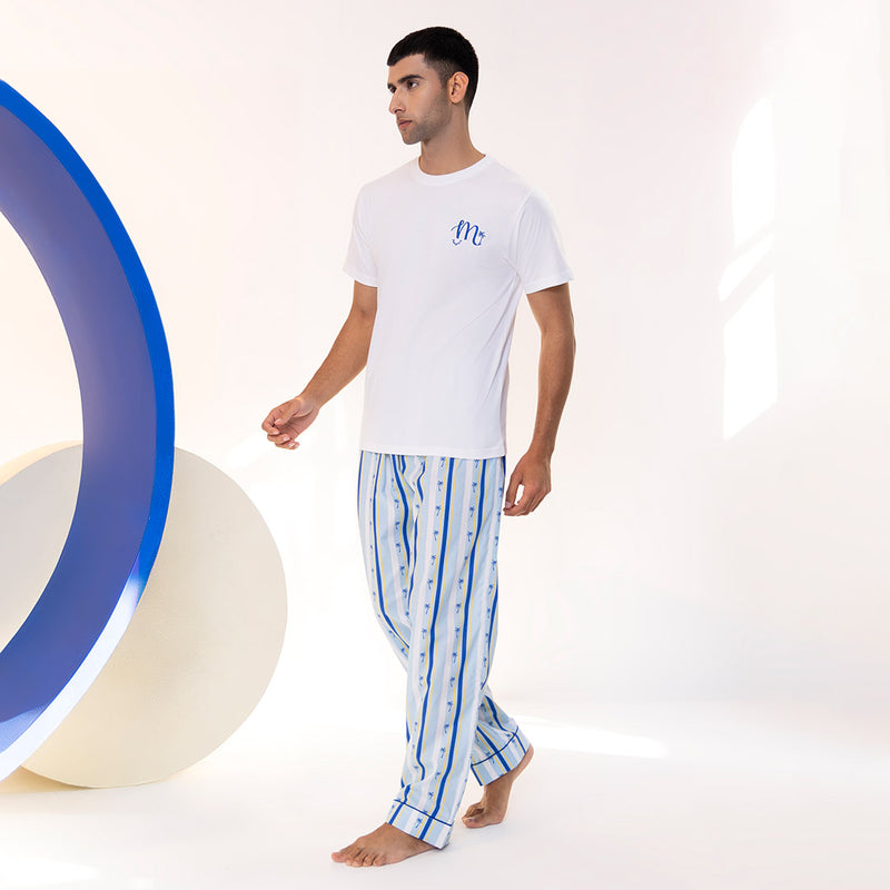 Midnight Palms Embroidered T-shirt & Cotton Pyjama - Men