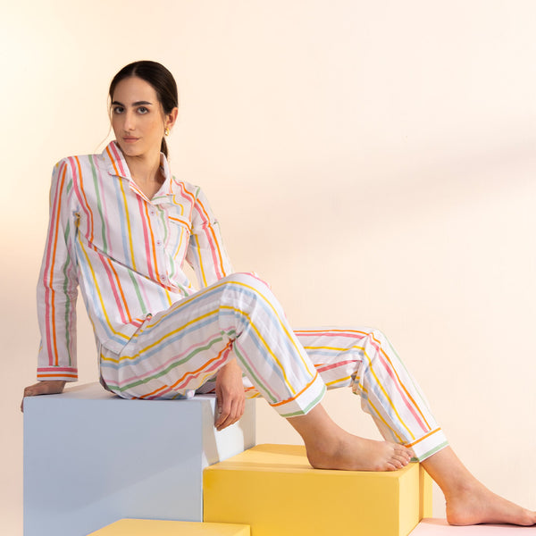 Rainbow Rope Cotton Notched Collar Pyjama Set