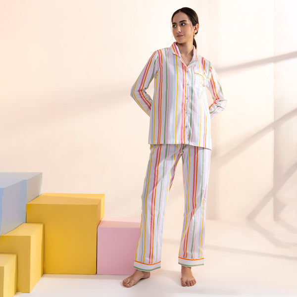 Rainbow Rope Cotton Notched Collar Pyjama Set