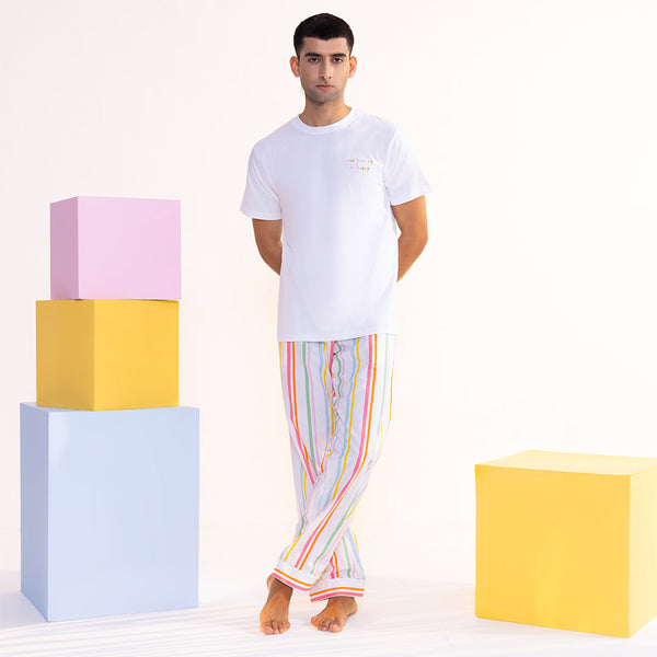 Rainbow Rope Embroidered T-shirt & Cotton Pyjama - Men