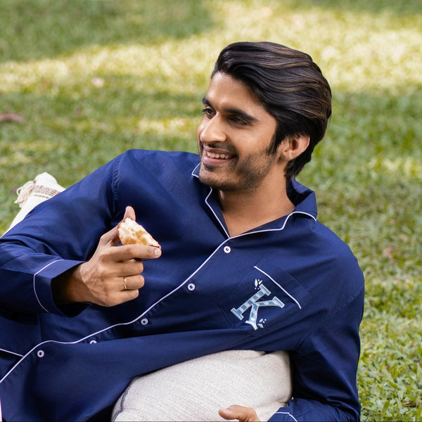 Blue Lagoon Cotton Notched Collar Pyjama Set - Men