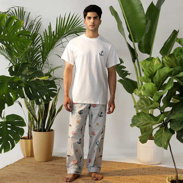 Sea Calling Embroidered T-shirt & Cotton Pyjama - Men
