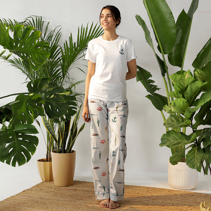 Sea Calling Embroidered T-shirt & Cotton Pyjama for Women's