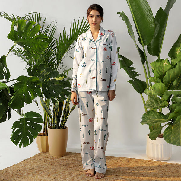 Sea Calling Cotton Notched Collar Pyjama Set