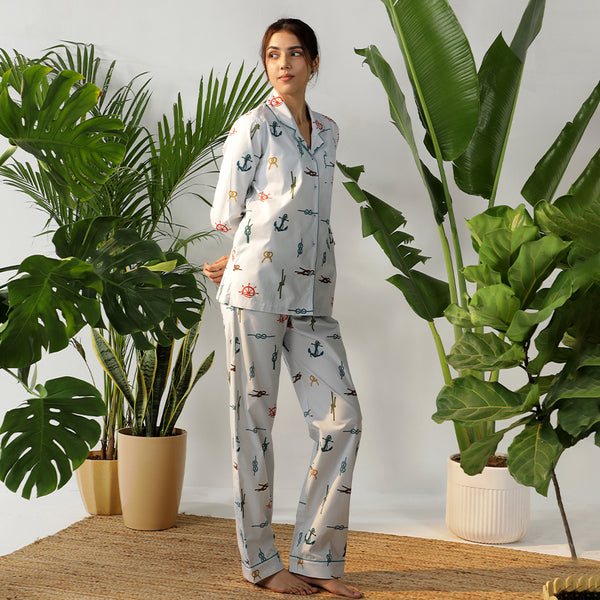 Sea Calling Cotton Notched Collar Pyjama Set