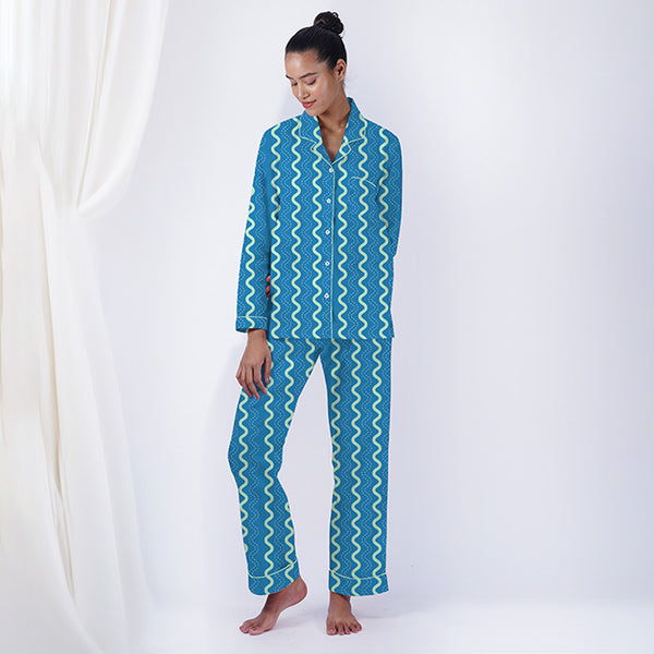 Wavecity Cotton Notched Collar Pyjama Set
