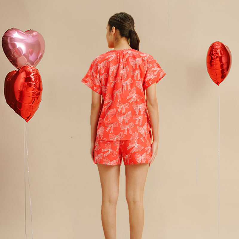 Festive Knots Cotton Slit Neck Top and Shorts