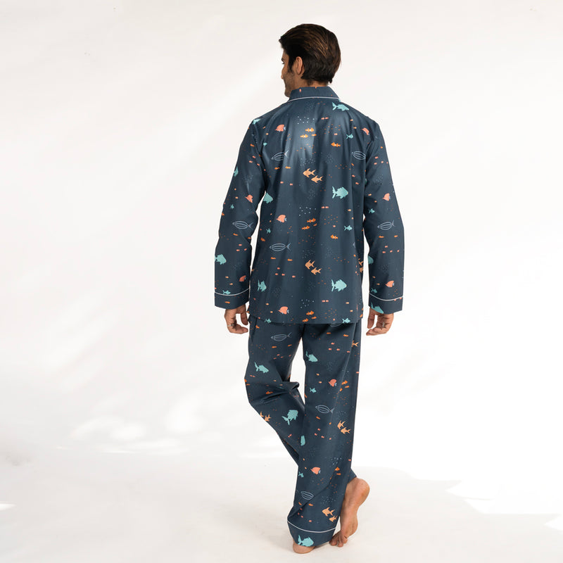 Deep Dive Cotton Notched Collar Pyjama Set - Men
